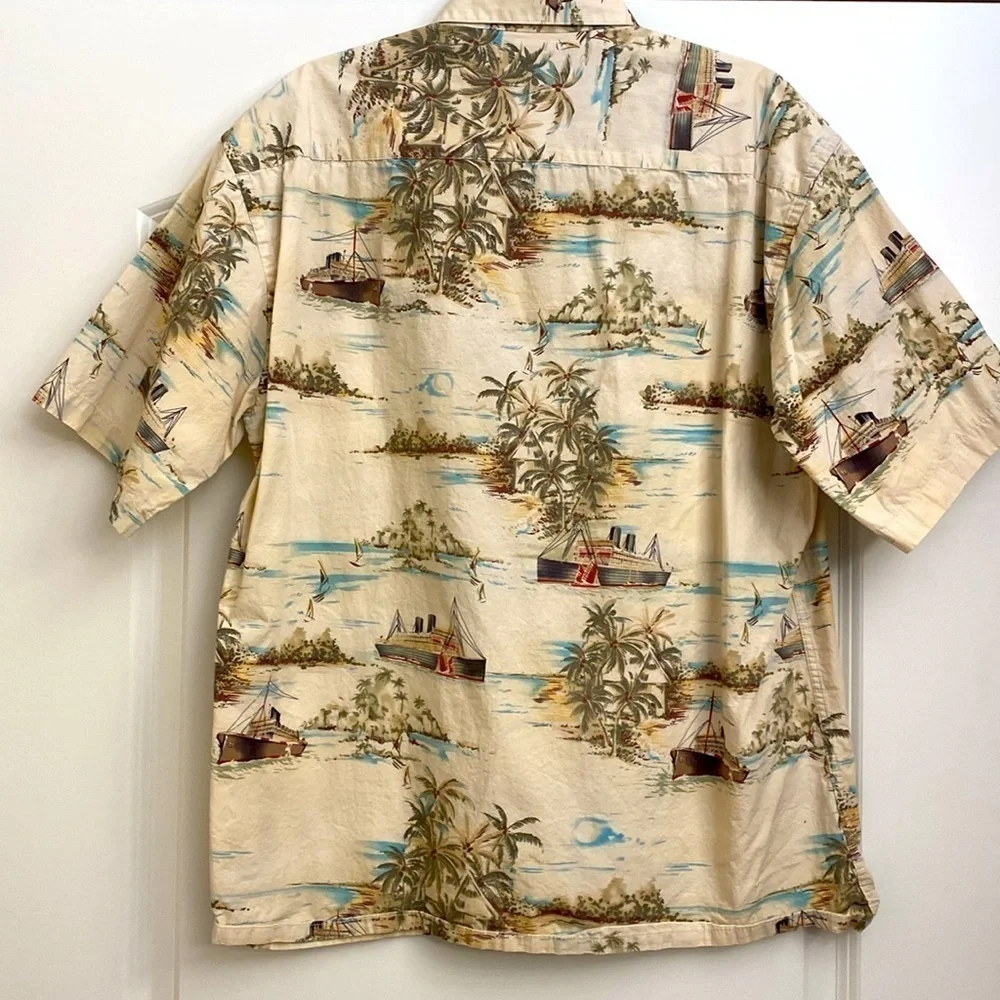 Hawaiian Button Down vintage Shirt Mens L ships sailboats Cotton Vacation Beach